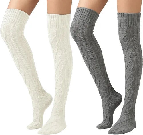 Vista 38 de SherryDC Calcetines de punto trenzado hasta el muslo para mujer, medias de bota extra largas de invierno, calentadores de piernas 1 - Blanco