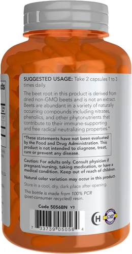 Vista 3 de NOW Foods Deportes, remolacha raíz vegetal, nutrición deportiva, apoyo del sistema inmunológico*, 550 MG, nitratos naturales, 180 cápsulas vegetales