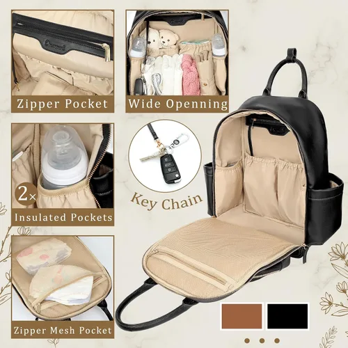 Vista 5 de Omanmoli Mochila para pañales, bolsa de bebé de cuero con 16 bolsillos, mochila grande para pañales de viaje, organizador esencial para bebé, 4 Negro