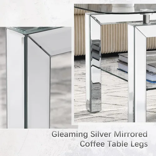 Vista 5 de Mesa auxiliar rectangular con parte superior de vidrio con patas de espejo plateadas para sala de estar, moderna y glamorosa mesa de vidrio templado