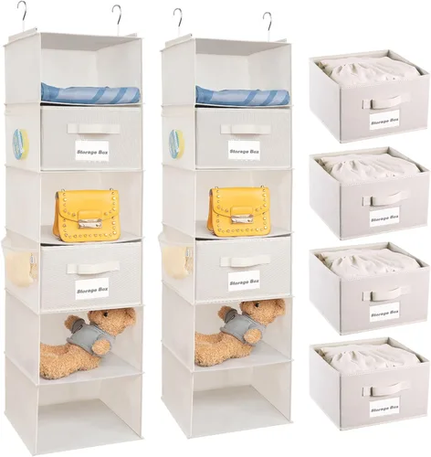 Vista 10 de BrilliantJo Organizador colgante de armario con 5 estantes, paquete de 2 unidades de almacenamiento colgante con 6 bolsillos laterales para ropa