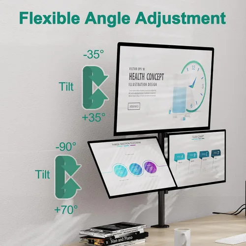 Vista 2 de Soporte de escritorio triple para monitor, montaje de escritorio para tres pantallas de hasta 32 pulgadas, brazo de monitor apilable para 3