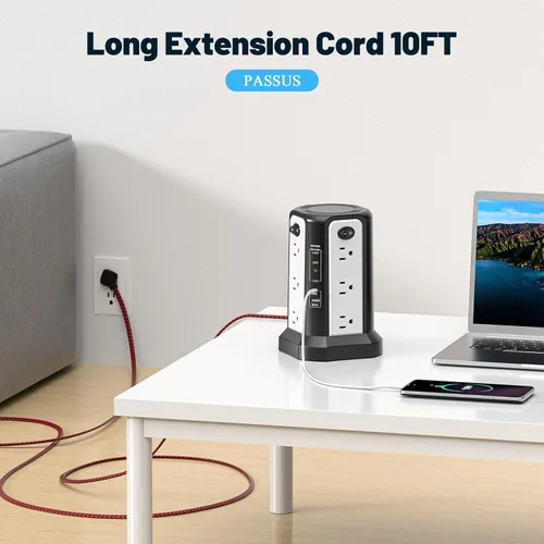 Vista 7 de PD65W USB C Estación de carga rápida de escritorio, regleta de alimentación PASSUS con 12 salidas de CA 4 USB C 1 USB A, cable de extensión