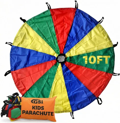 Vista 8 de GSi Paracaídas de juego para niños, paracaídas arcoíris, juego de tienda de campaña para niños, para gimnasia, juego cooperativo y actividades