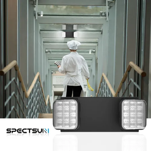 Vista 8 de Paquete de 1 letrero de salida LED negro con luces de emergencia y batería de respaldo, con cable ajustable, 2 cabezales LED, certificado UL