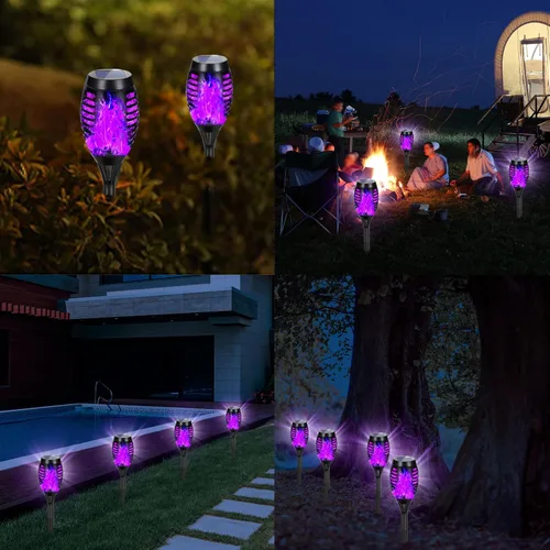 Vista 7 de Luces solares de Halloween moradas para exteriores con llama Púrpura
