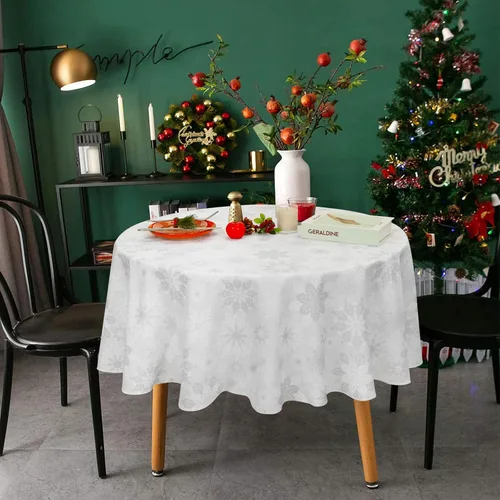Vista 2 de Mantel de Navidad, mantel de copo de nieve gris y blanco, mantel impermeable de Navidad gris para comedor, cocina, vacaciones de invierno, funda