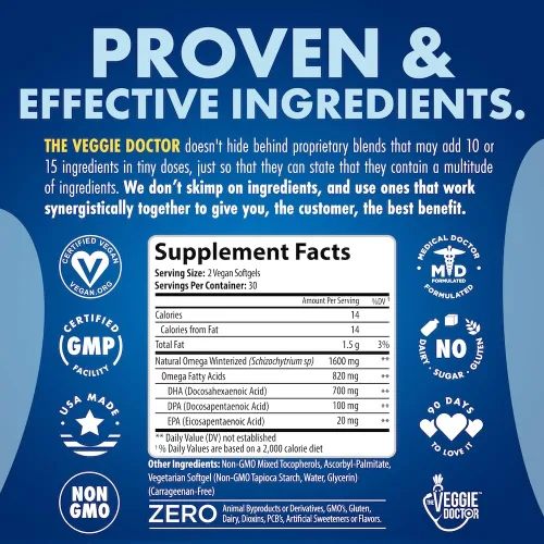 Vista 2 de Suplemento de Omega 3 vegano – Omega 3 de algas con DHA EPA DPA – Cápsulas veganas de algas – Alternativa al aceite de pescado – Fórmula de aceite