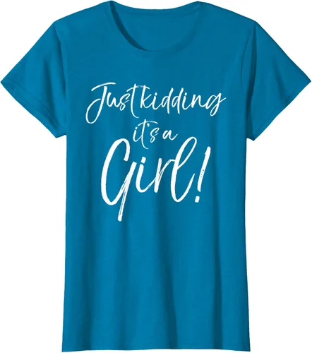 Vista 76 de Camiseta divertida de revelación de género Blue Trick Just Kidding It's a Girl!, Azul / Patchwork, S Azul Pastel