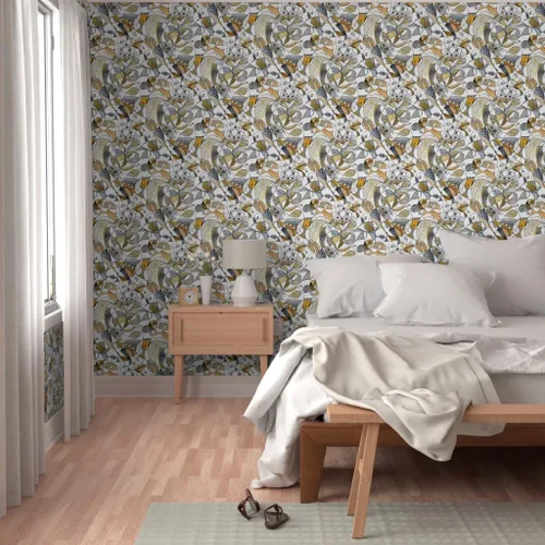 Vista 5 de Muestra de papel tapiz extraíble - Línea Gris Amarillo Grande Negro Blanco Hojas Círculos Puntos Papel pintado personalizado pre-pegado por