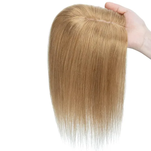 Vista 6 de S-noilite Toppers para el cabello humano real para mujer, sin flequillo, 14 pulgadas, #27 rubio oscuro, base de seda, clip en la parte superior