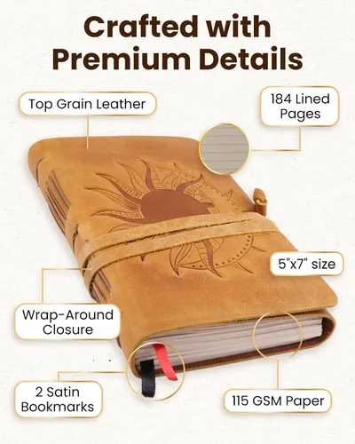 Vista 4 de Diario de cuero con páginas forradas, diseño encuadernado en piel para mujeres y hombres (5 x 7 pulgadas), cuaderno forrado con hojas con líneas