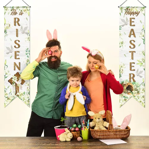 Vista 6 de Outus Cartel de feliz Pascua para porche con texto en inglés «He Is Risen» para puerta delantera, decoración de pared para colgar en la pared, fondo