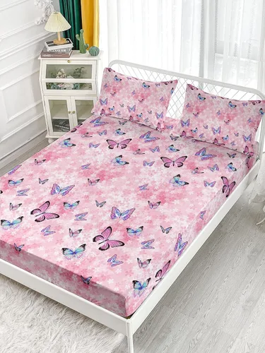 Vista 3 de Juego de sábanas de 4 piezas ajustadas y planas para niñas, estampado de mariposas y flores rosas con 1 + 2 fundas de almohada para cama individual