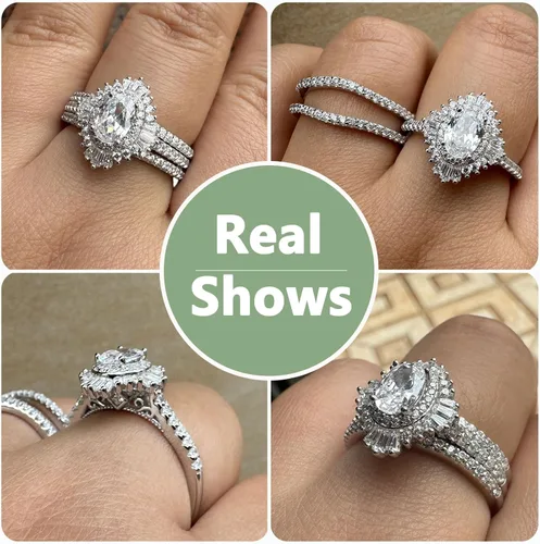 Vista 6 de Newshe Jewellery Anillos de compromiso vintage para mujer AAAAA CZ anillo de boda realzador nupcial conjunto de 3.5 quilates plata de ley 925 halo
