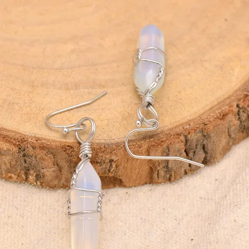 Vista 20 de Pendientes de cristal de punta envuelta en alambre de piedra pulida para mujer Reiki Energy Healing