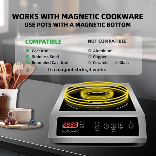 Vista 4 de Cocina de inducción comercial de 3500 W, quemador portátil de 240 V para encimera con 10 niveles de potencia, 12 ajustes de temporizador, control