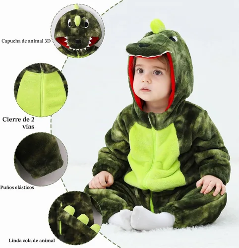 Vista 2 de TONWHAR - Disfraz de dinosaurio para niños pequeños, mameluco de animal para Halloween para niños y niñas Verde militar