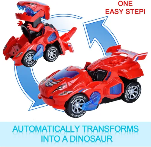 Vista 2 de Juguetes transformadores 2 en 1, dinosaurio transformador LED 2 en 1, auto transformador de dinosaurio automático, lámparas de coche de juguete