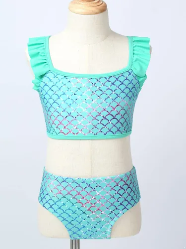 Vista 3 de Traje de baño de dos piezas con estampado de escamas de sirena para niñas y niñas