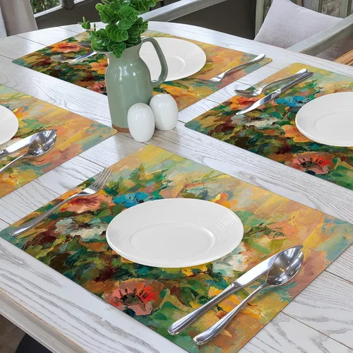 Vista 2 de Juego de 4 manteles individuales de piel sintética floral para decoración de banquetes de vacaciones, cocina, comedor, resistentes al calor