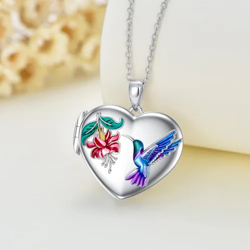 Vista 2 de LONAGO Collar con medallón de corazón que sostiene dos fotos de colibrí con colgante de medallón de plata de ley, regalo de joyería conmemorativa