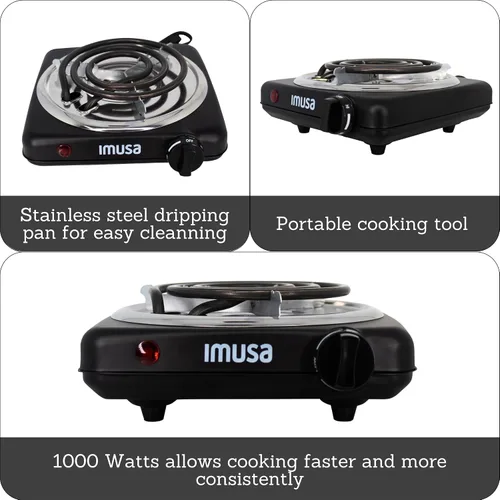 Vista 2 de IMUSA Mini Quemador Eléctrico Individual Portátil 1000W, Negro