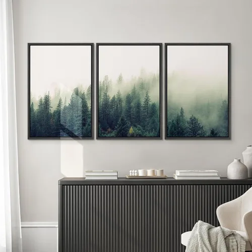 Vista 286 de SIGNWIN Lienzo enmarcado para pared, juego de arte pastel con cadena montañosa, bosque, niebla, naturaleza silvestre, ilustraciones modernas, arte