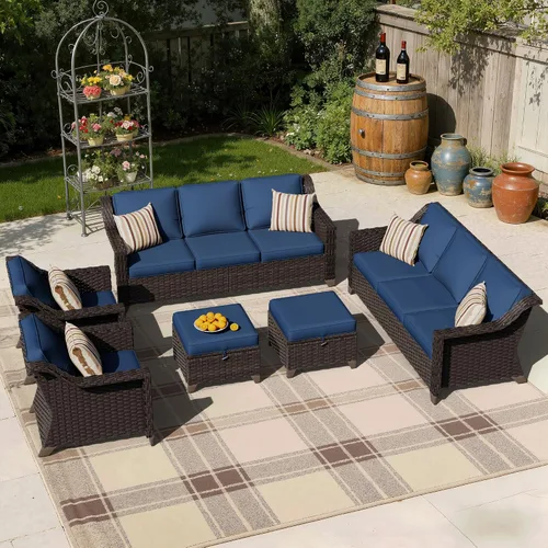 Vista 47 de Sofá de lujo para patio al aire libre de 3 plazas con mimbre de PE tejido a mano Azul