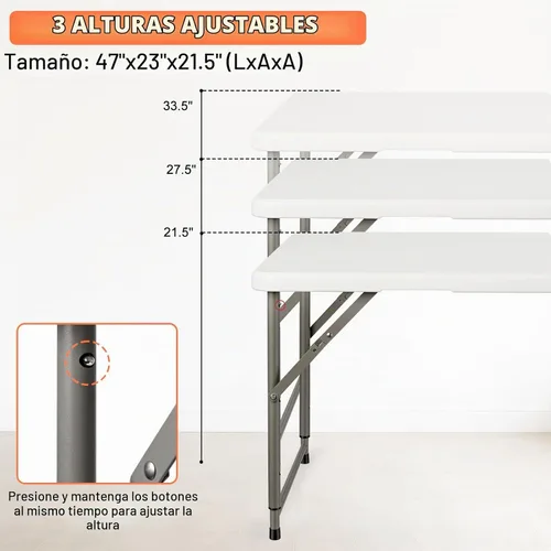 Vista 4 de Mesa plegable de 4 pies, mesa de plástico portátil de 3 niveles de altura ajustable con asa de transporte, mesa de campamento plegable