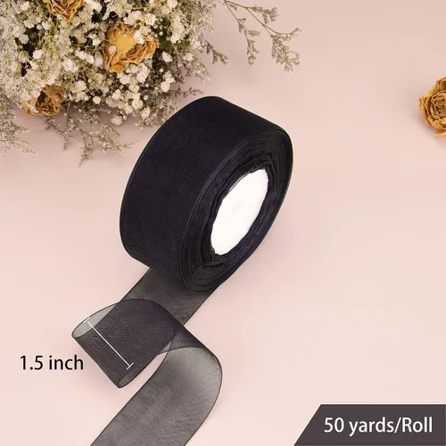 Vista 3 de Hapeper Cinta de organza transparente de 1 1/2 pulgadas, 50 yardas/rollo (negro)