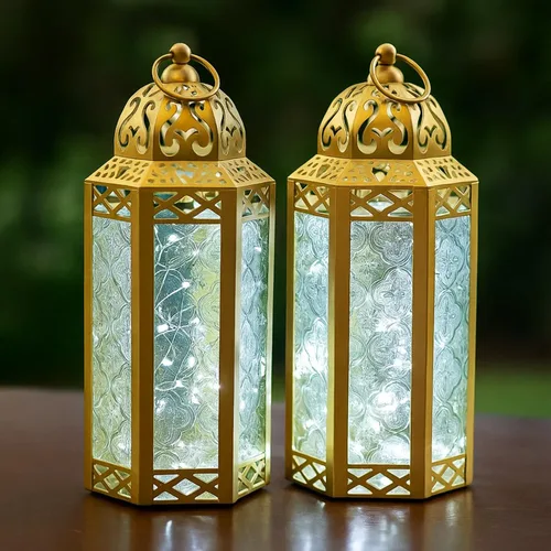 Vista 24 de VELA LANTERNS Juego de 2 portavelas decorativos de LED con luces de hadas de 12" de metal marroquí para colgar o mesa, decoración del hogar
