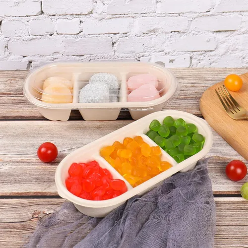 Vista 5 de Cuencos de papel desechables de 18 onzas, 3 compartimentos con tapas, fibra de caña de azúcar para aperitivos, postres, preparación de comidas