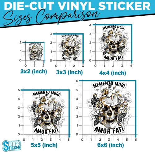 Vista 4 de Calcomanías de vinilo troqueladas con diseño de Memento Mori Amor Fati Skull Gold Roses Flowers para casco duro, botella de agua, laptop, monopatín