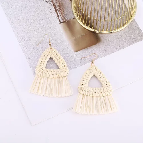 Vista 3 de Pendientes de ratán hechos a mano para mujer, tipo borla A de mimbre de paja, pendientes de geometría bohemia