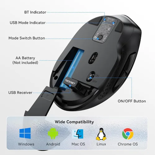 Vista 8 de TECKNET Ratón inalámbrico para computadora portátil, ratón inalámbrico Bluetooth de modo dual (BT5.2/3.0 y 2.4G), diseño ergonómico, DPI de 5