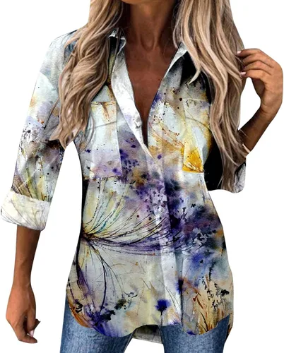 Vista 4 de Camisa casual de moda para mujer, camisa de manga larga con botones, camisa de moda con cuello abatible, camisa con botones