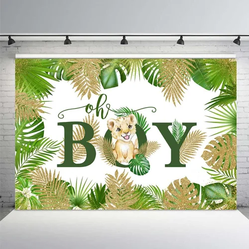 Vista 2 de MEHOFOND Cartel de fondo de baby shower con temática de safari en la selva de 7 x 5 pies, Oh Boy, animales del bosque, vegetación, fondo de león