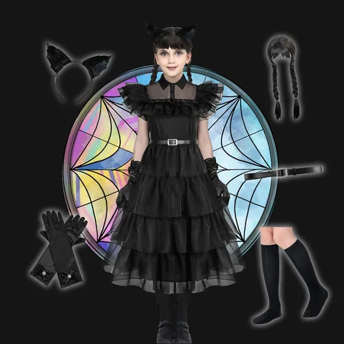 Vista 5 de cefirature Addams - Vestido de malla para niñas, disfraz, peluca, calcetines, guantes, banda para el cabello, vestido de disfraz de dibujos animados