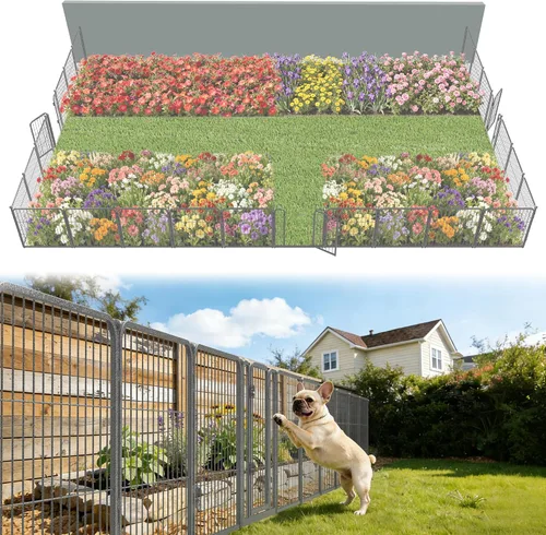 Vista 13 de FXW Valla de jardín al aire libre para el patio, 17 pulgadas de alto x 29.3 pies de largo, barrera de metal resistente para animales, para perros