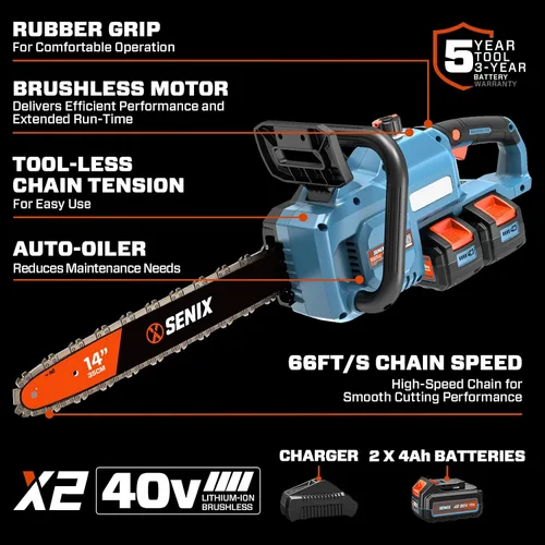 Vista 8 de SENIX Motosierra eléctrica de 40 V y 14 pulgadas, motosierra inalámbrica a batería, motosierra sin escobillas, incluye baterías de 2 x 4 Ah