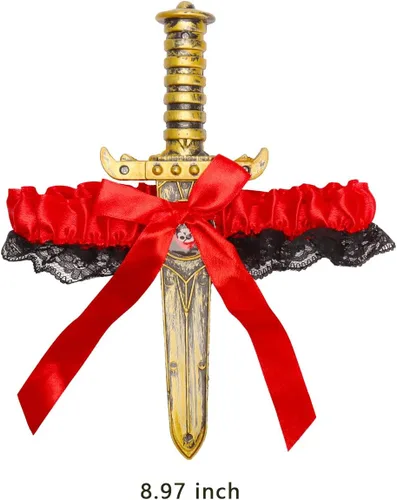 Vista 5 de 2 ligas de lazo con daga pirata, anillo de pierna de lazo de encaje, funda de pierna de espada para Halloween, carnaval, accesorios de vestir