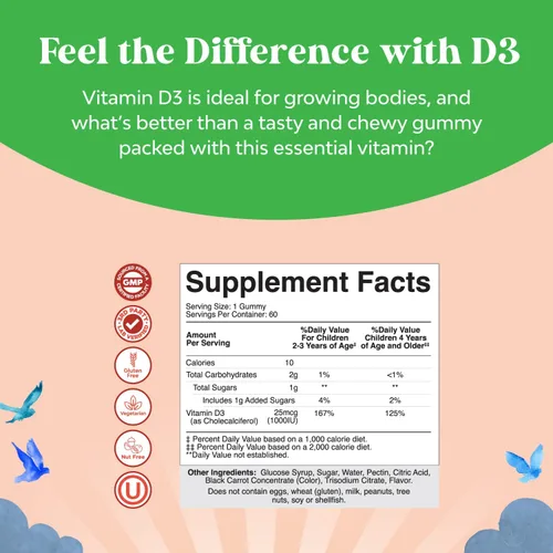 Vista 7 de Gomitas masticables de vitamina D para niños, deliciosa vitamina D de 1000 UI por porción, gomitas de apoyo inmunológico para niños pequeños