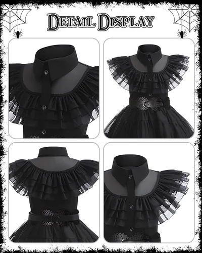 Vista 7 de KISPATTI Wednesday Addams - Vestido para niños, disfraz de Addams para niñas con accesorios para la familia, Halloween, cosplay, fiesta