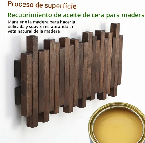 Vista 4 de Perchero de madera natural para piano de pared Perchero de pared Perchero de pared abatible con 5 ganchos Perchero de entrada, hecho de madera
