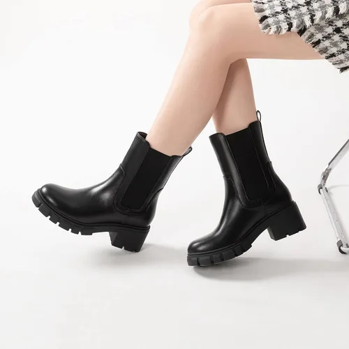 Vista 6 de Athlefit Botas Chelsea de plataforma a media pantorrilla para mujer, suela de lengüeta, tacón grueso, botines de cuero elástico