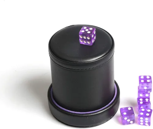 Vista 2 de Taza de dados de piel sintética con forro de terciopelo morado con tapa, incluye 6 dados translúcidos morados para mentirosos dados Farkle Yahtzee