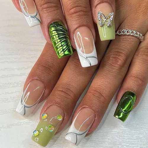 Vista 15 de Aurora - Uñas postizas a presión degradadas, uñas postizas largas de almendra, diseño de sol y luna brillante, uñas artificiales reutilizables