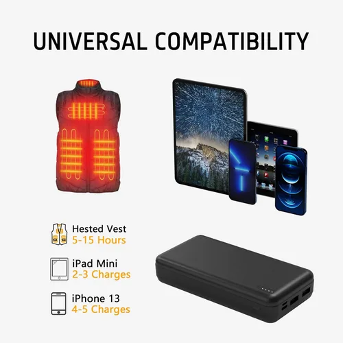 Vista 4 de Whsahans Batería de 5V 2A 20000mah para Chaleco Calefactable Chaqueta Calefactable Power Bank Batería Recargable para Chalecos Calefactables