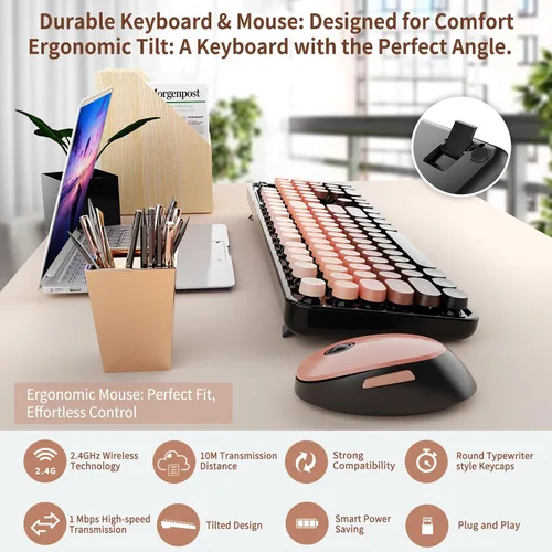 Vista 5 de Combo de teclado y mouse inalámbricos Nowlike, teclado retro de máquina de escribir con teclas redondas, ergonómico de tamaño completo, rojo aurora